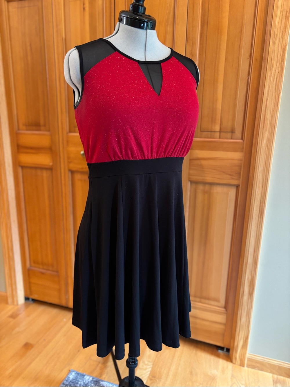 Enfocus Studio Red Sparkle & Black Mesh Flare Dress - Size 10